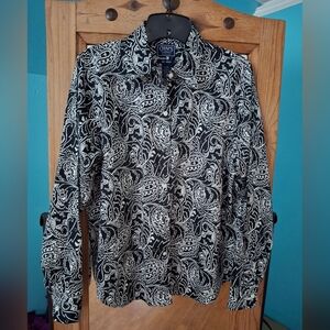 Chaps Classics Petites Black & White Paisley Women PL No Iron Soft Cotton Blouse